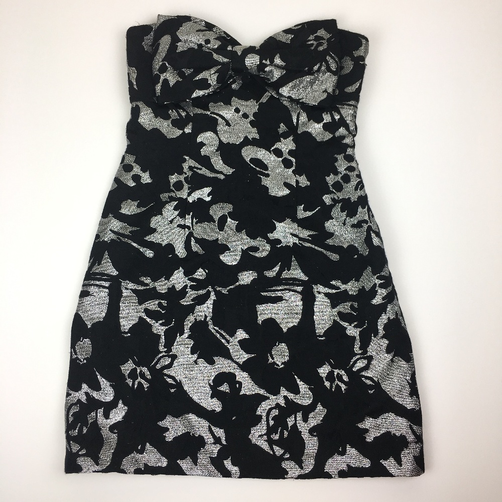 Milly Black and Silver Brocade Strapless Dress
